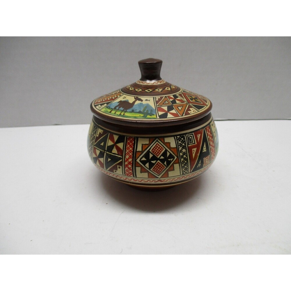 Vintage Peruvian Clay Trinket Box Bowl With Lid